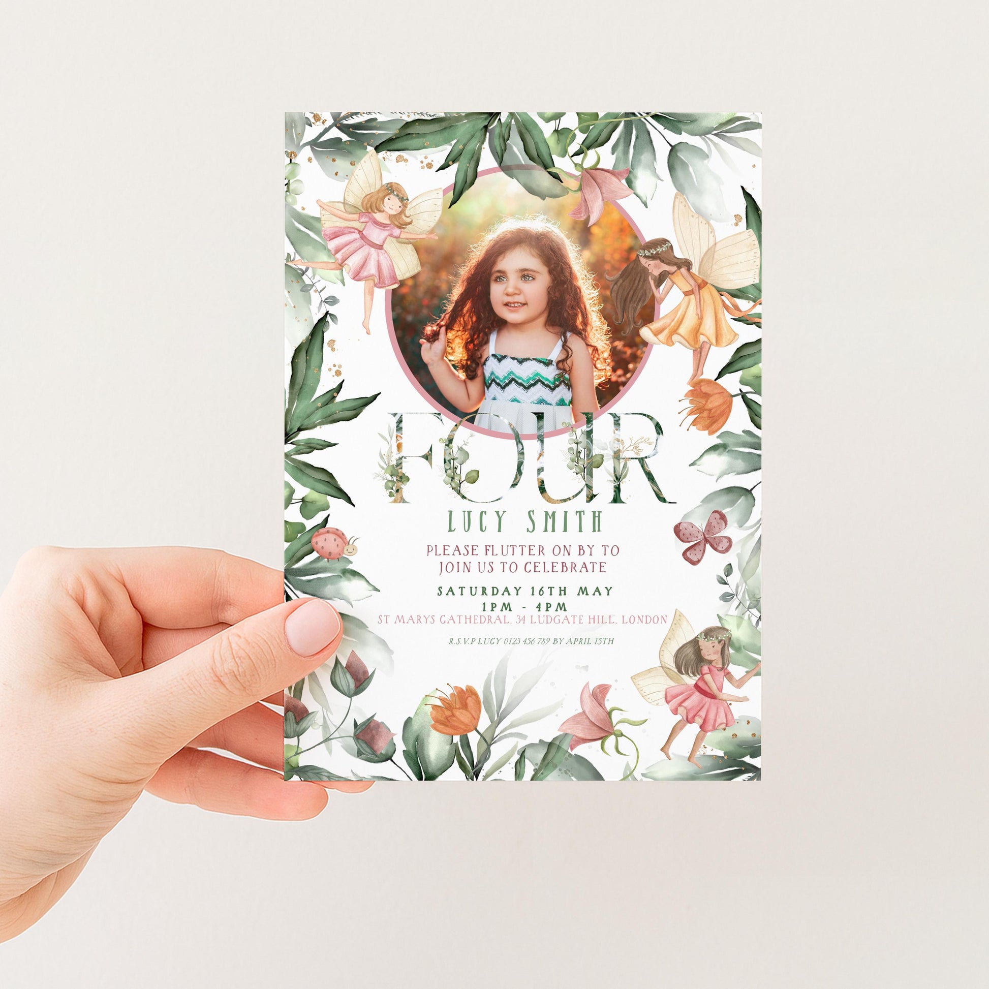 The image is a birthday invitation card featuring a young girl surrounded by fairy and floral elements.