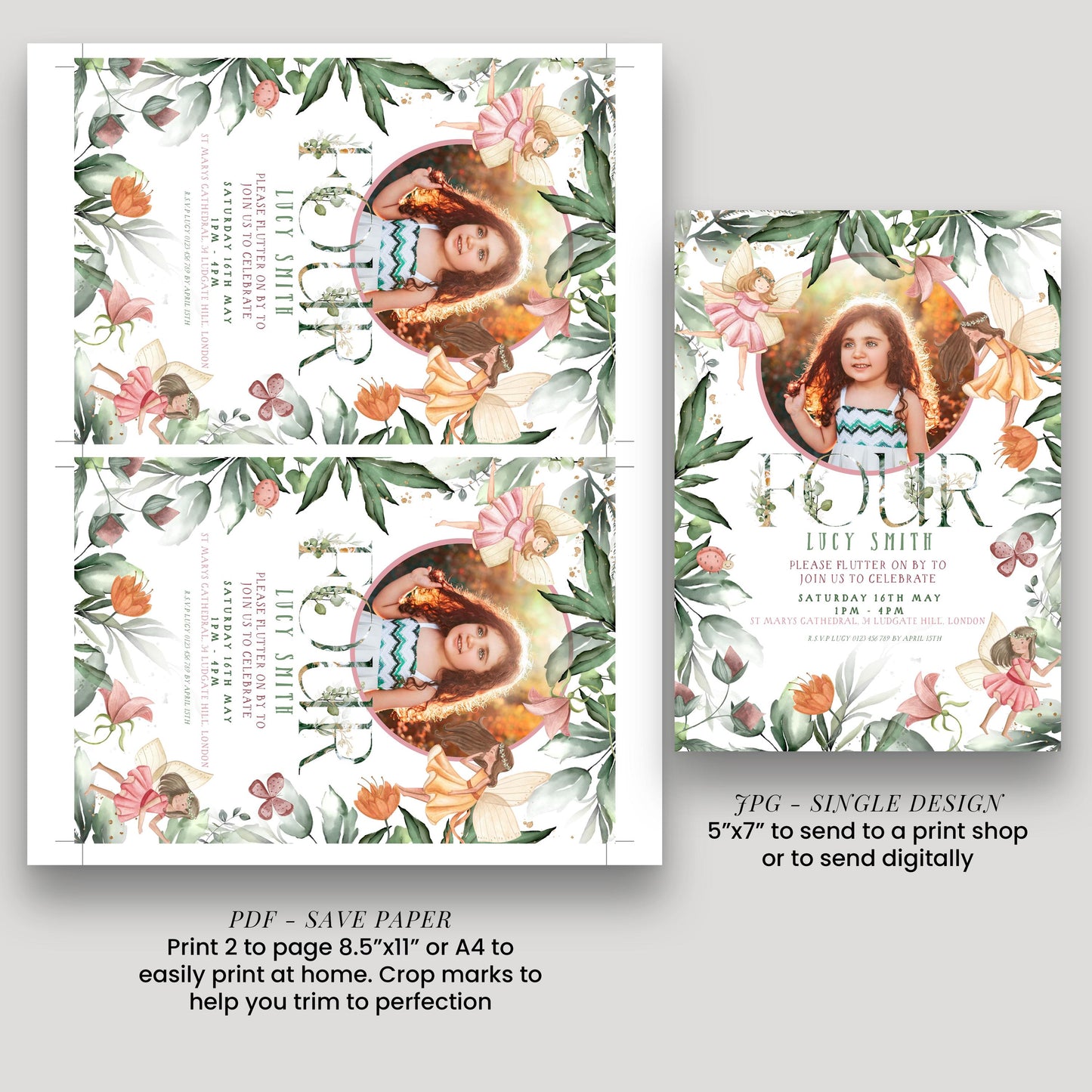 The image is a collage of two photos featuring a young girl surrounded by a floral border. The collage includes text that provides information about the photos, such as the girl's name, the occasion, and the location. The text is printed on a white background and is designed to be printed on paper or displayed digitally.