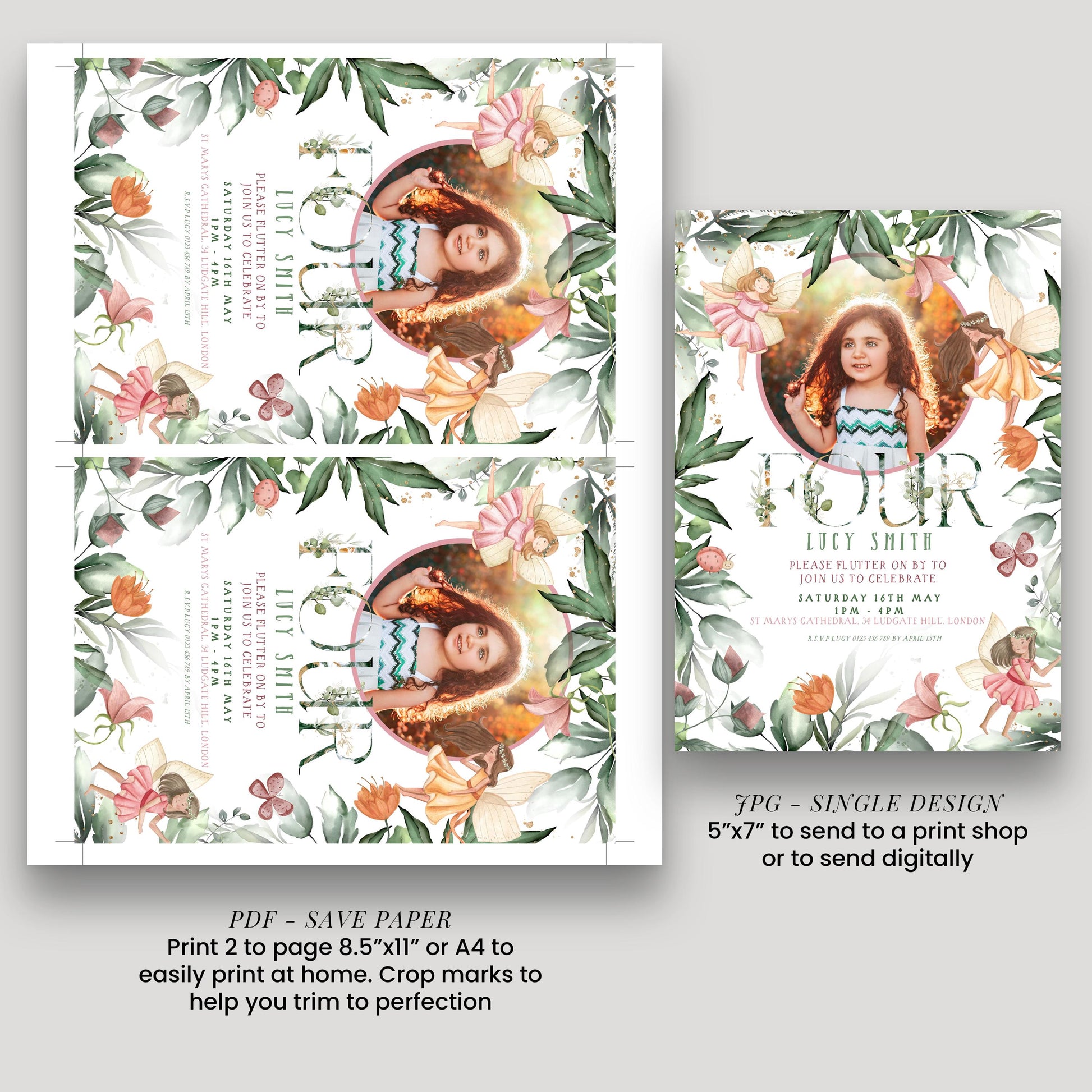 The image is a collage of two photos featuring a young girl surrounded by a floral border. The collage includes text that provides information about the photos, such as the girl's name, the occasion, and the location. The text is printed on a white background and is designed to be printed on paper or displayed digitally.