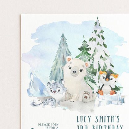 The image is a birthday invitation featuring a polar bear, a penguin, and a leopard, all sitting together in a snowy forest setting.