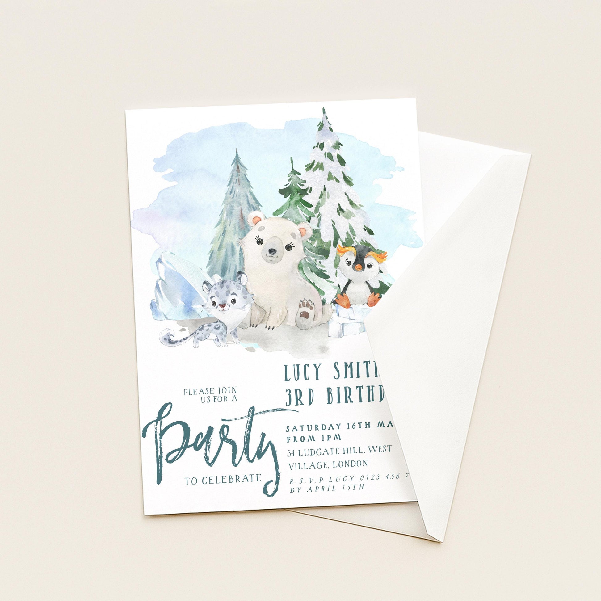 The image is a birthday party invitation featuring illustrations of polar bears, penguins, and other animals in a snowy landscape.