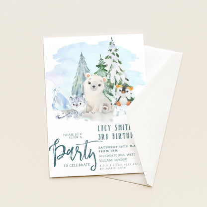 The image is a birthday party invitation featuring illustrations of polar bears, penguins, and other animals in a snowy landscape.