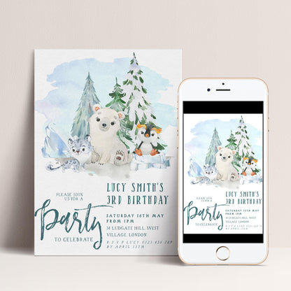 The image is a birthday party invitation featuring a winter scene with polar bears and other animals, along with details about the party.
