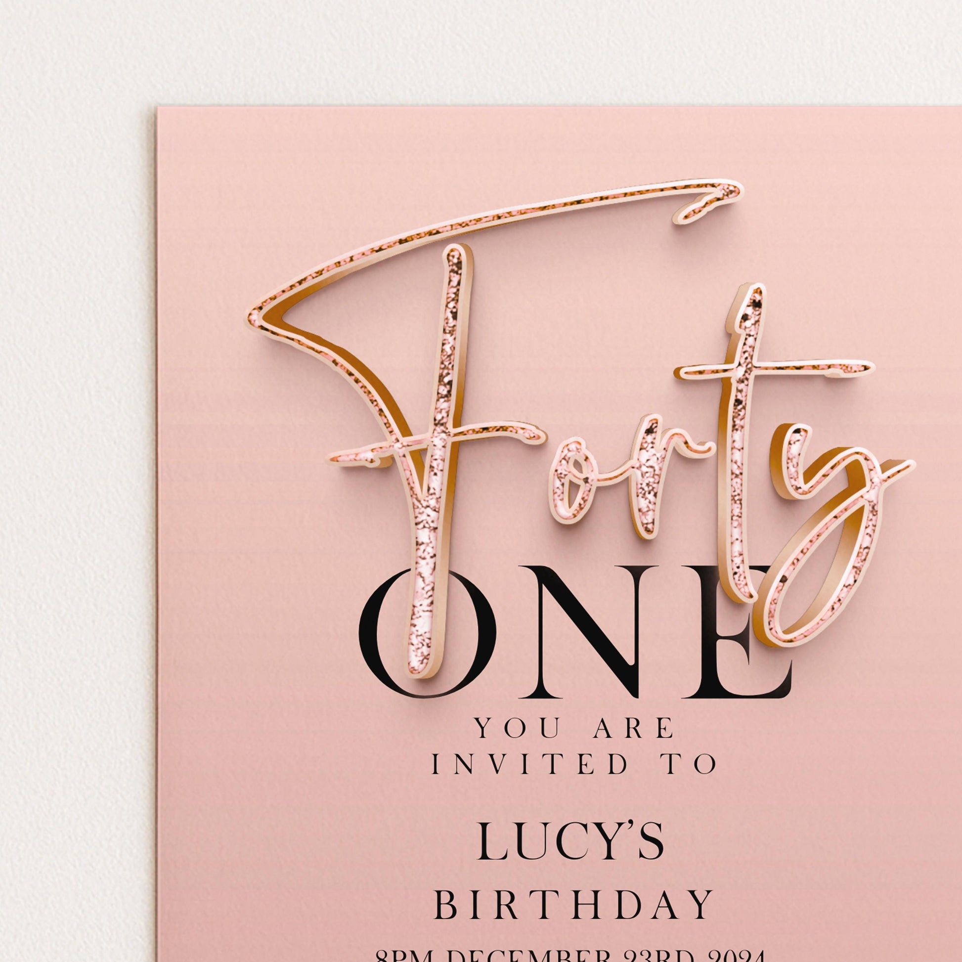 The image is a pink birthday invitation card for a girl's first birthday.
