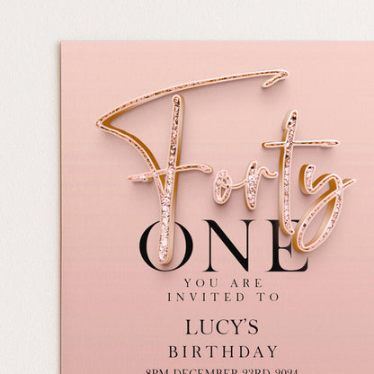 The image is a pink birthday invitation card for a girl's first birthday.