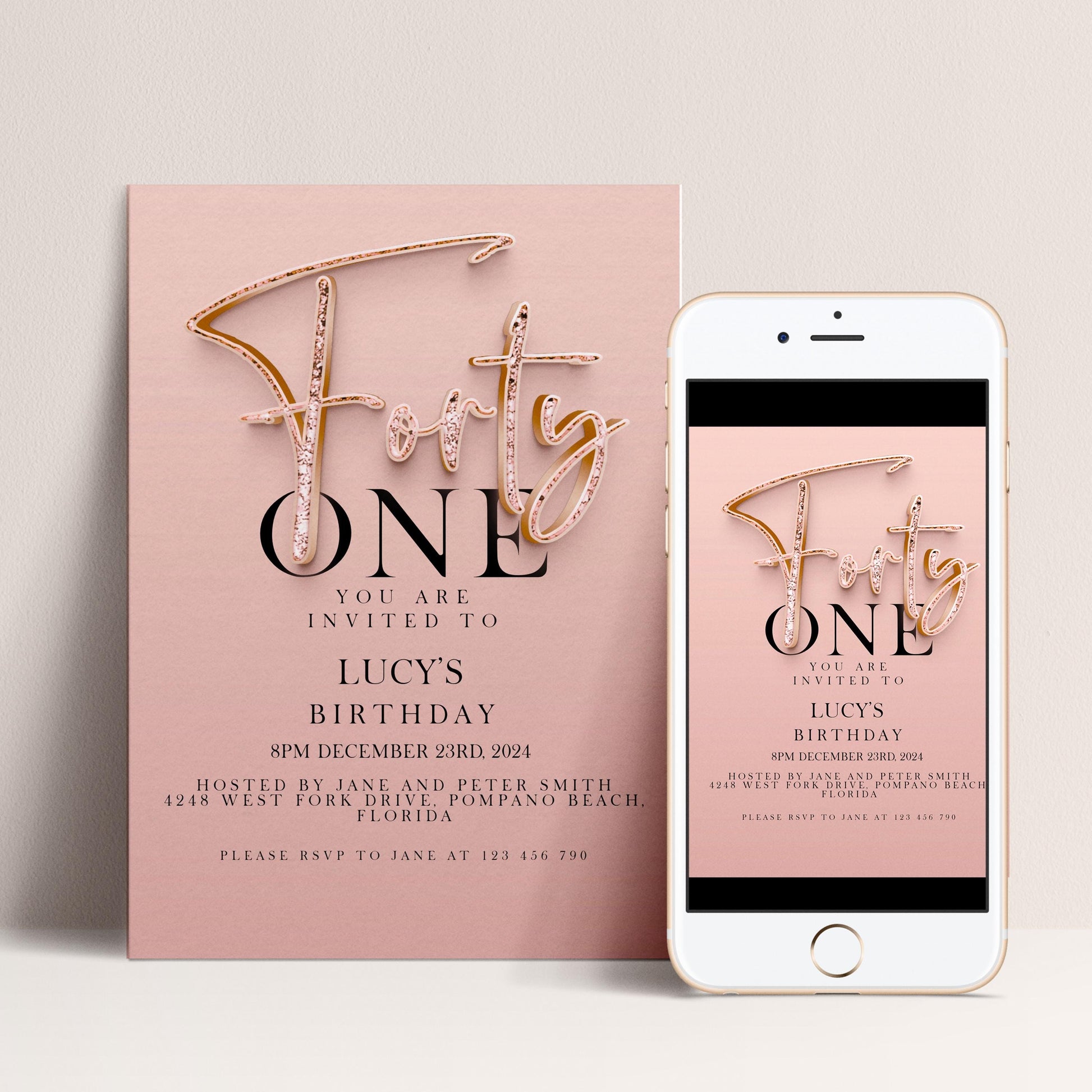 a pink invitation card and a smartphone displaying the same invitation.