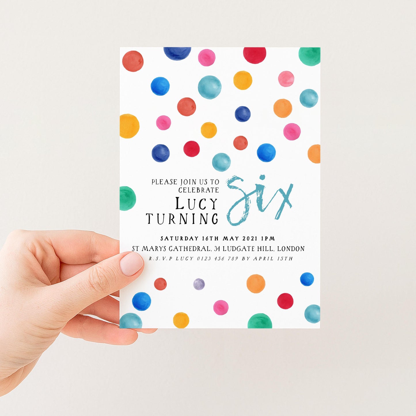 a colorful party invitation for a birthday celebration, specifically for a six-year-old named Lucy.