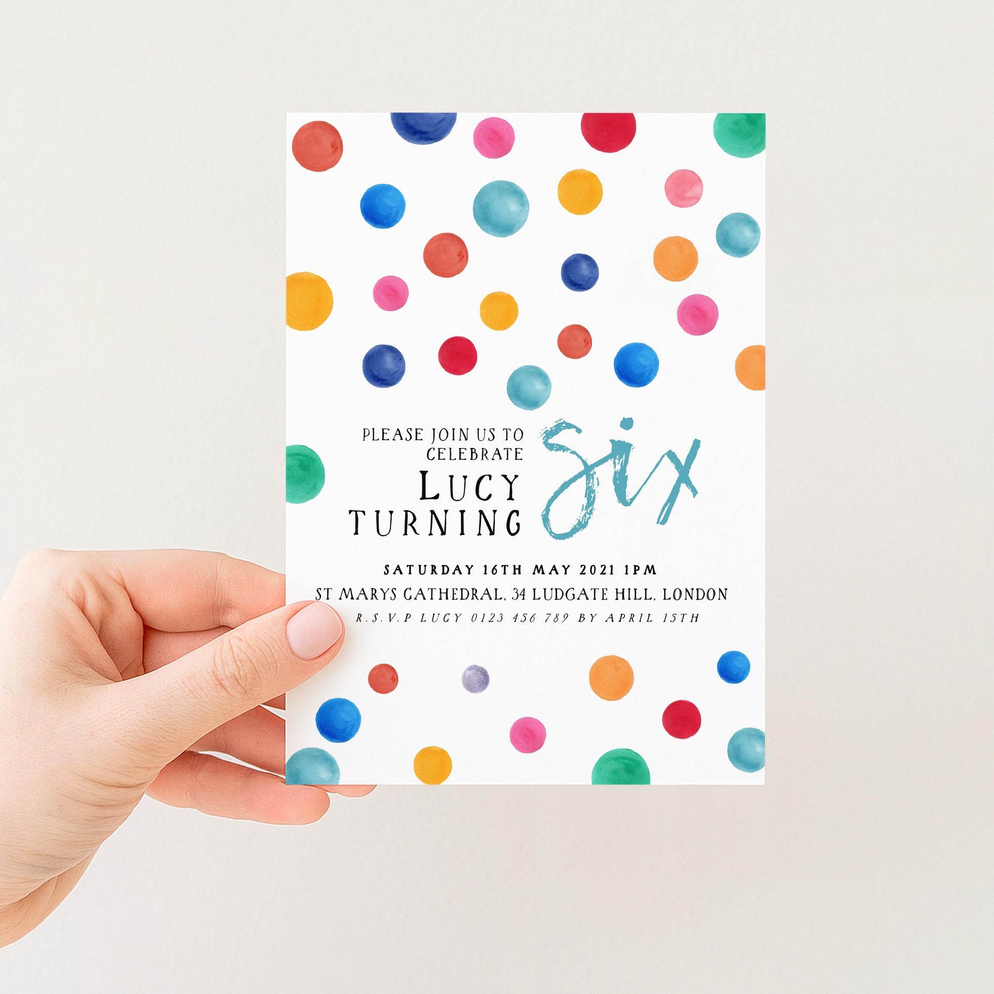 a colorful party invitation for a birthday celebration, specifically for a six-year-old named Lucy.