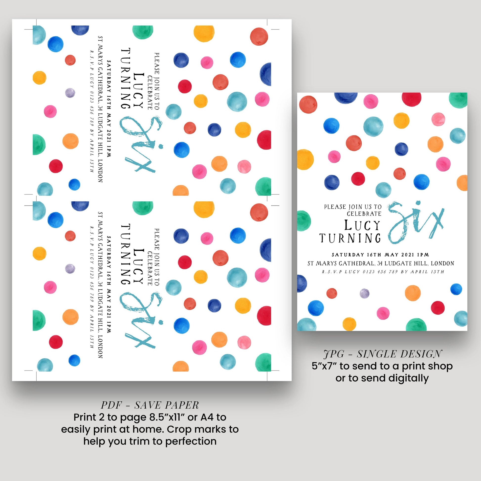 The image is a collage of two images, one larger and one smaller, both featuring a colorful polka dot pattern. The larger image is a poster, while the smaller one is a booklet. The poster appears to be a birthday invitation, while the booklet is a birthday party invitation.