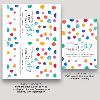 The image is a collage of two images, one larger and one smaller, both featuring a colorful polka dot pattern. The larger image is a poster, while the smaller one is a booklet. The poster appears to be a birthday invitation, while the booklet is a birthday party invitation.