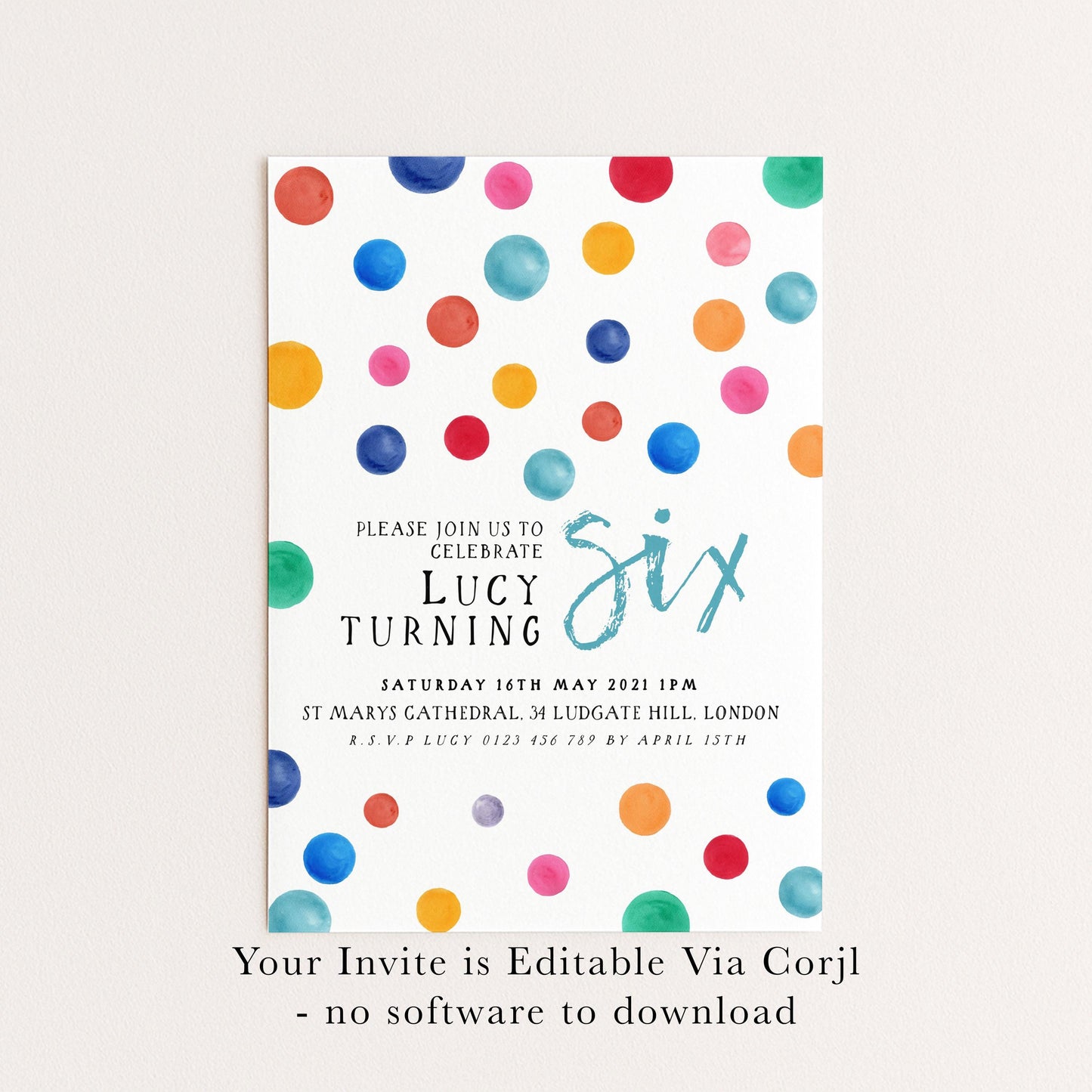 The image is a colorful invitation card for a birthday party, featuring a pattern of multicolored circles on a white background.