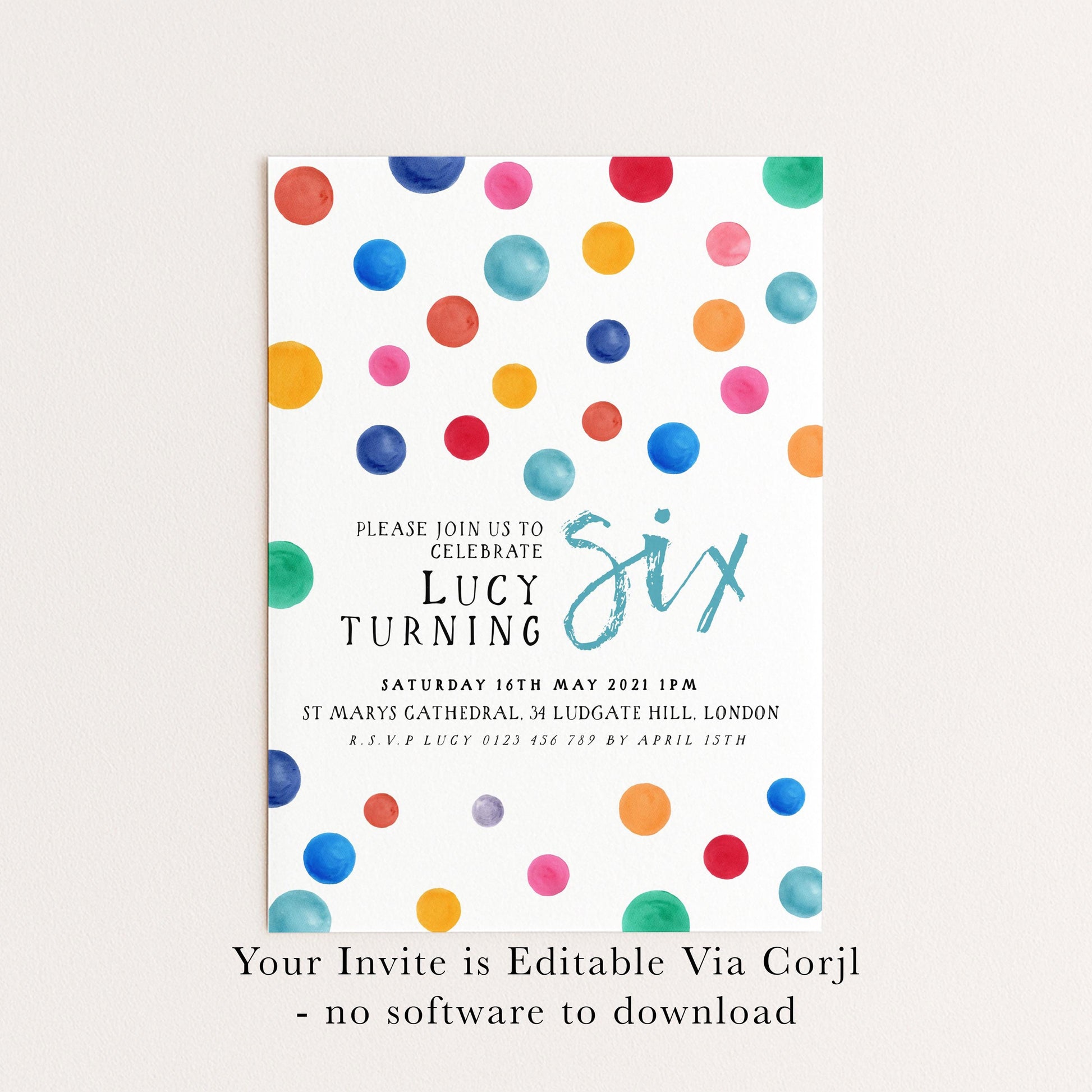 The image is a colorful invitation card for a birthday party, featuring a pattern of multicolored circles on a white background.