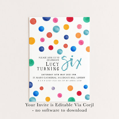 The image is a colorful invitation card for a birthday party, featuring a pattern of multicolored circles on a white background.