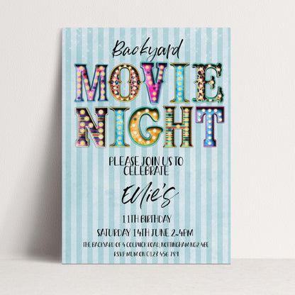 The image is a colorful invitation for a backyard movie night, featuring the text "Backyard MOVIE NIGHT" in a decorative font.