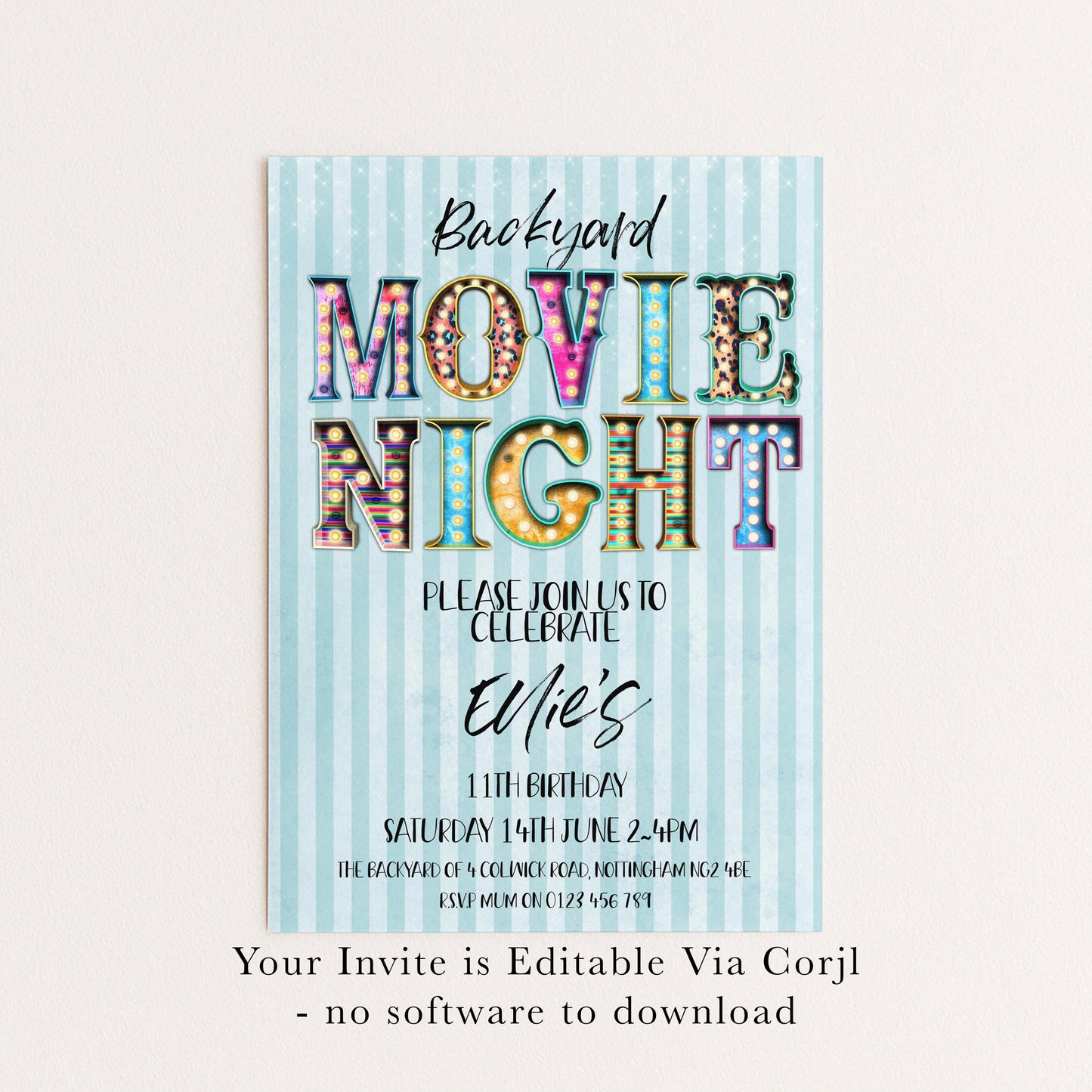 A colorful invitation for a backyard movie night, inviting guests to celebrate Ellies' 11th birthday on Saturday, June 14th at 2:4 pm.