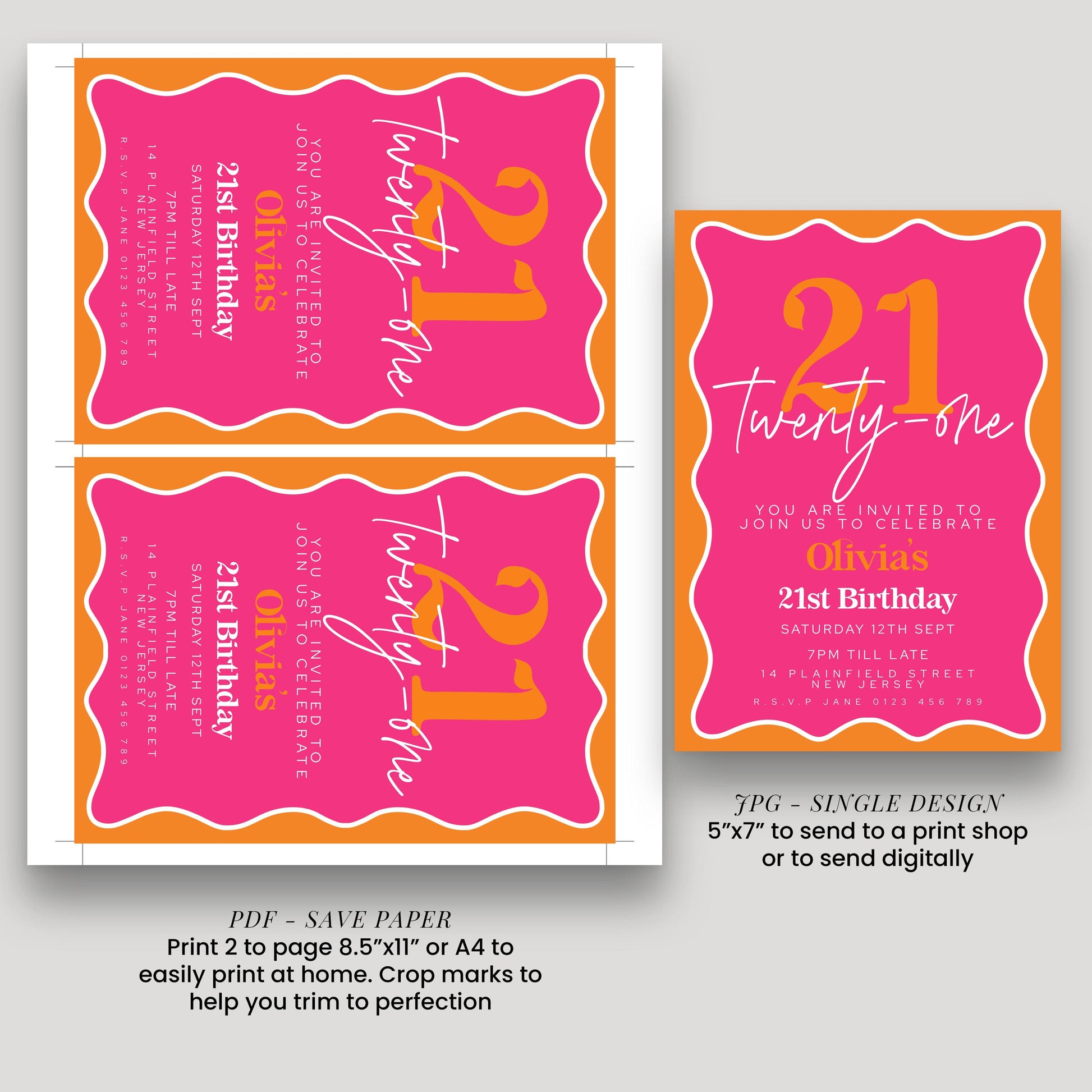 a pink and orange birthday invitation for a 21st birthday celebration. The invitation is designed in a single design, and it includes details about the event, such as the date, time, location, and RSVP information. The invitation also provides instructions on how to print and send the invitation, as well as a link for a print shop.