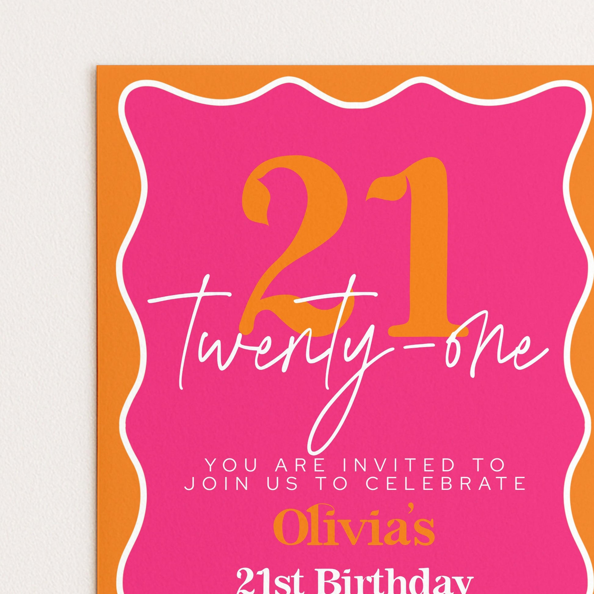 The image is a birthday invitation for a 21st birthday celebration.