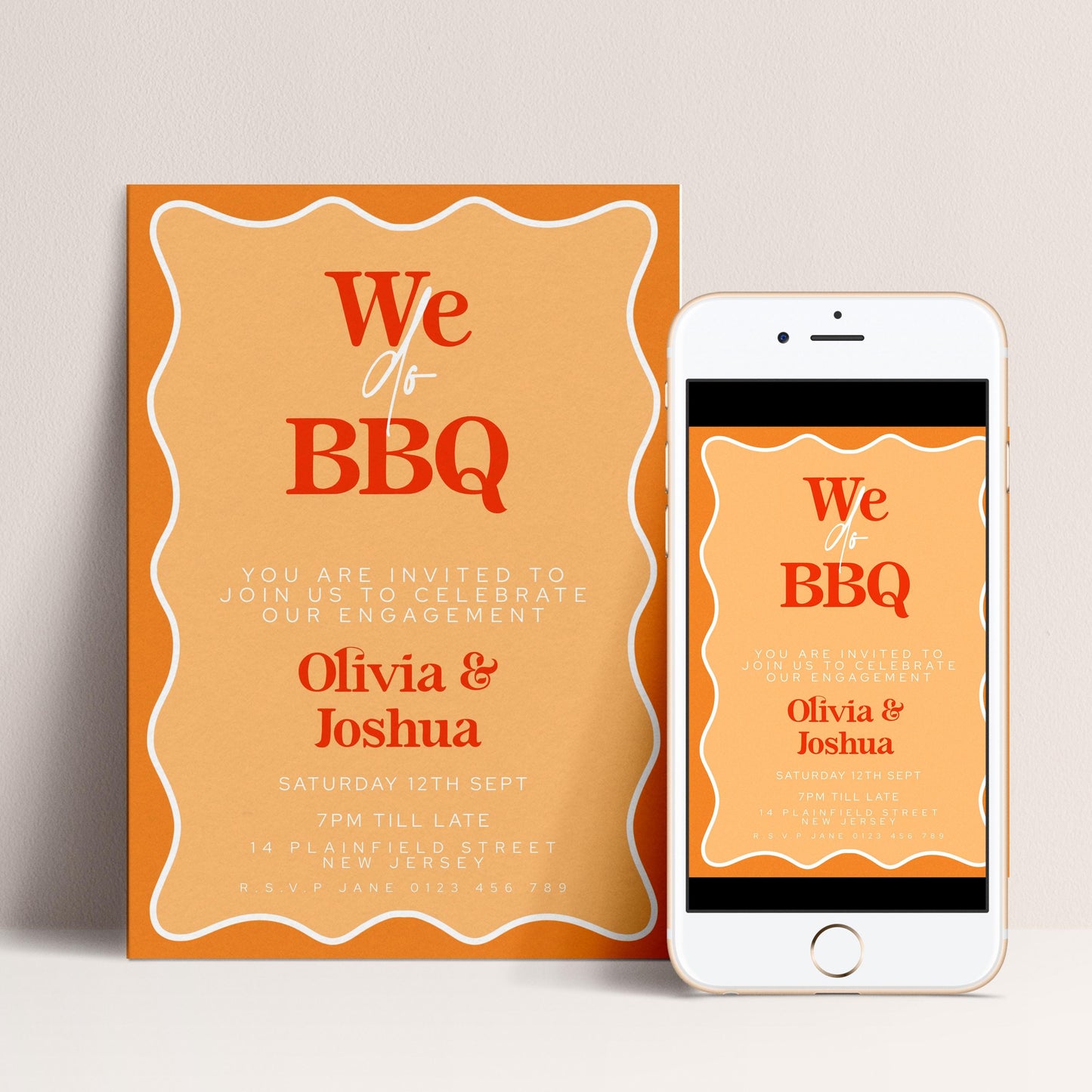 an invitation card and a smartphone screen with an invitation for a BBQ event.