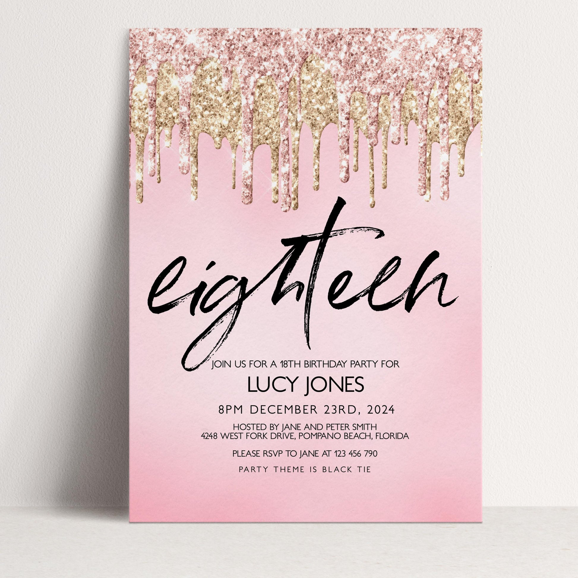 The image is a pink invitation card for a 18th birthday party for Lucy Jones.