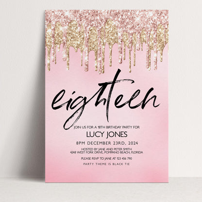 The image is a pink invitation card for a 18th birthday party for Lucy Jones.