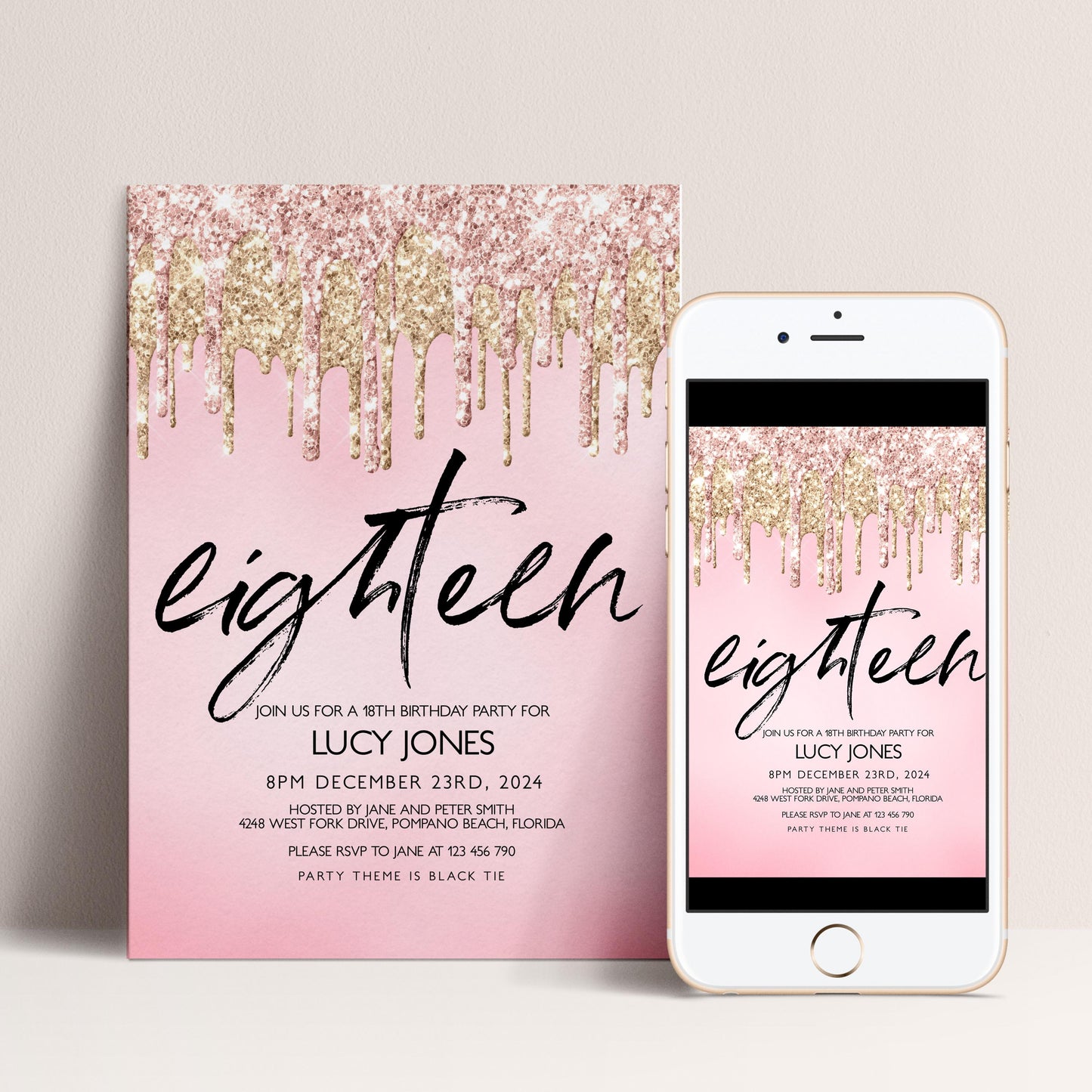 a pink invitation card and a smartphone displaying an invitation for a 16th birthday party for Lucy Jones.