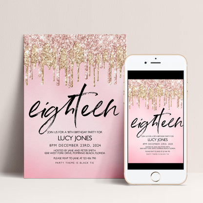 a pink invitation card and a smartphone displaying an invitation for a 16th birthday party for Lucy Jones.