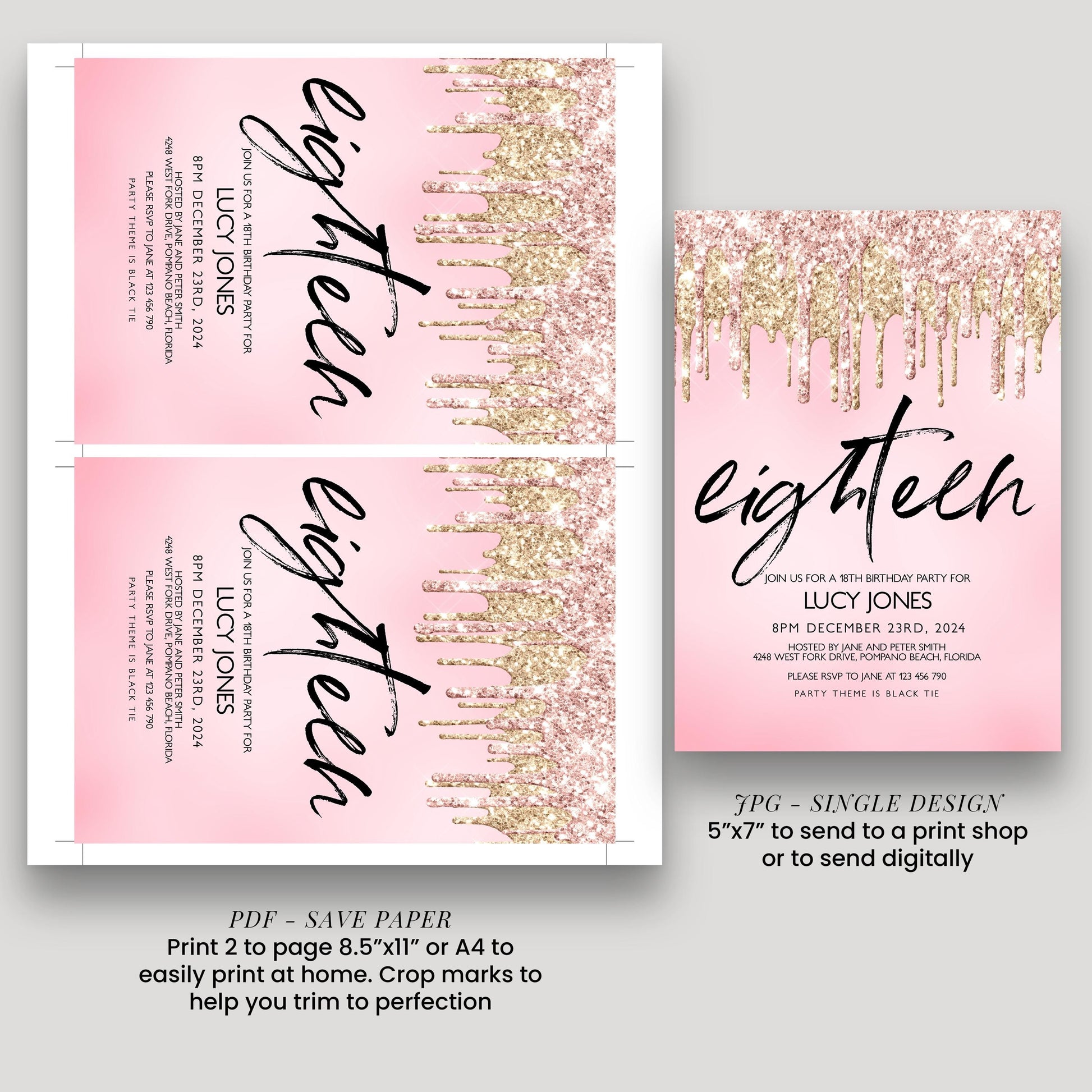 a pink invitation card with a glittery design and text, as well as a smaller pink invitation card with a similar design and text.