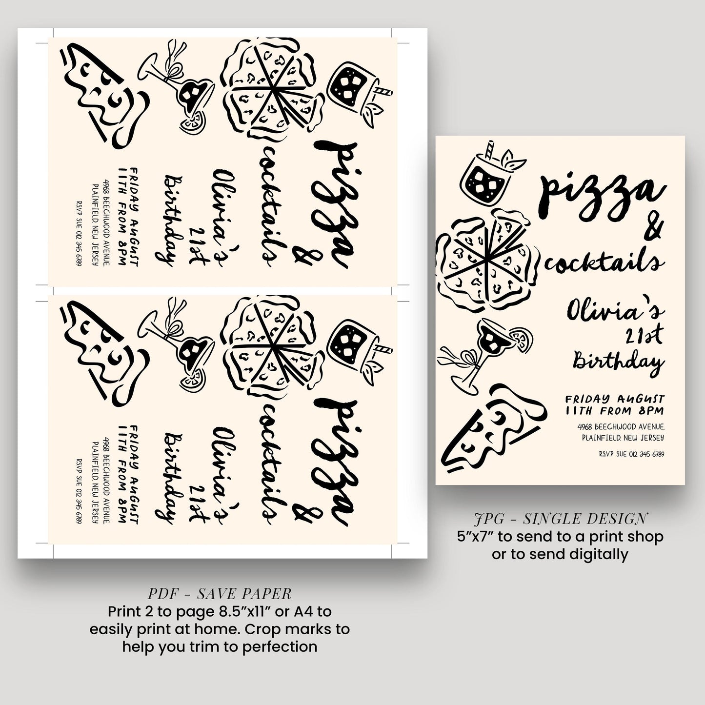 a set of party invitation designs featuring pizza and cocktails, along with instructions for printing and sending the invitations.