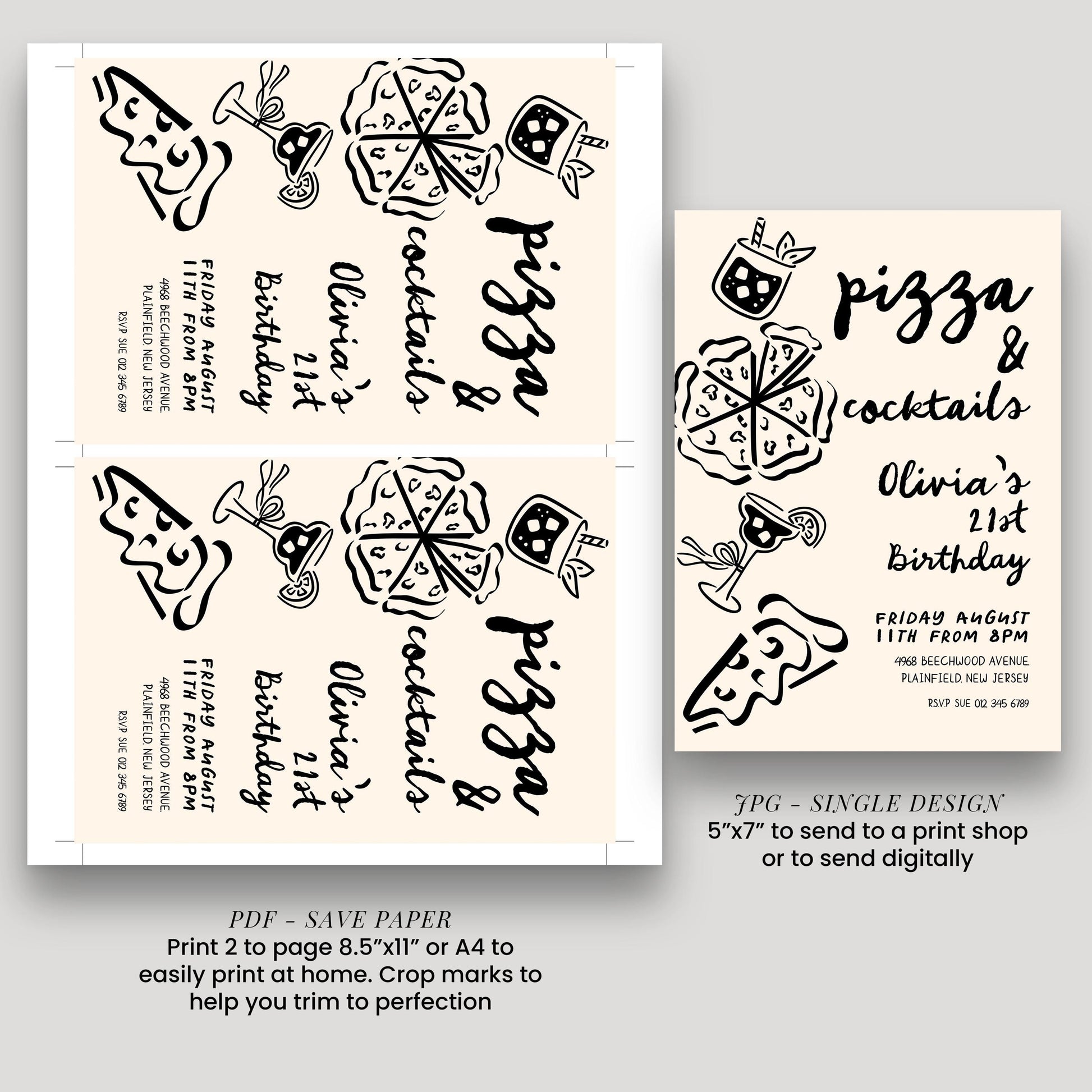 a set of party invitation designs featuring pizza and cocktails, along with instructions for printing and sending the invitations.
