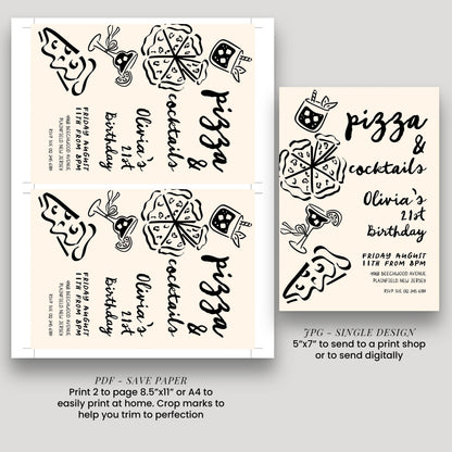 a set of party invitation designs featuring pizza and cocktails, along with instructions for printing and sending the invitations.
