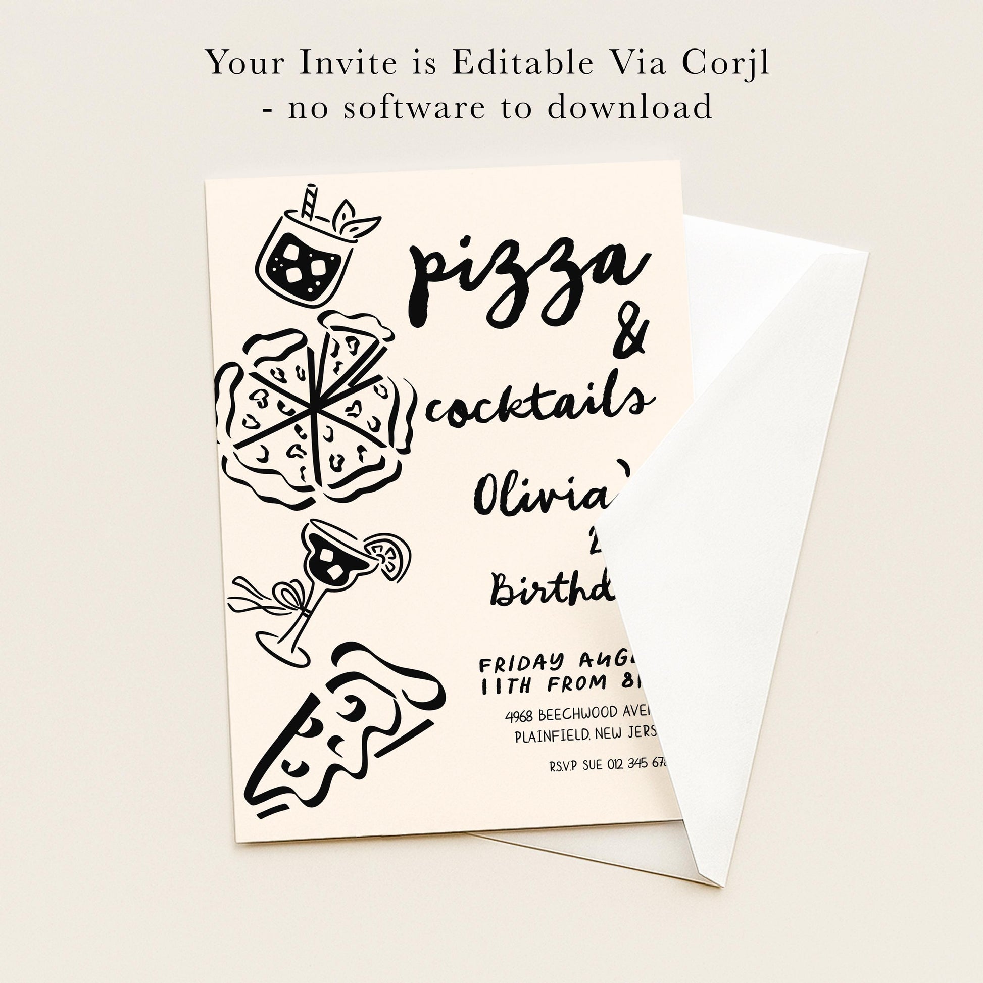The image is a birthday invitation card with a pizza and cocktail theme, featuring various illustrations of pizza slices, cocktail glasses, and other food and drink items.