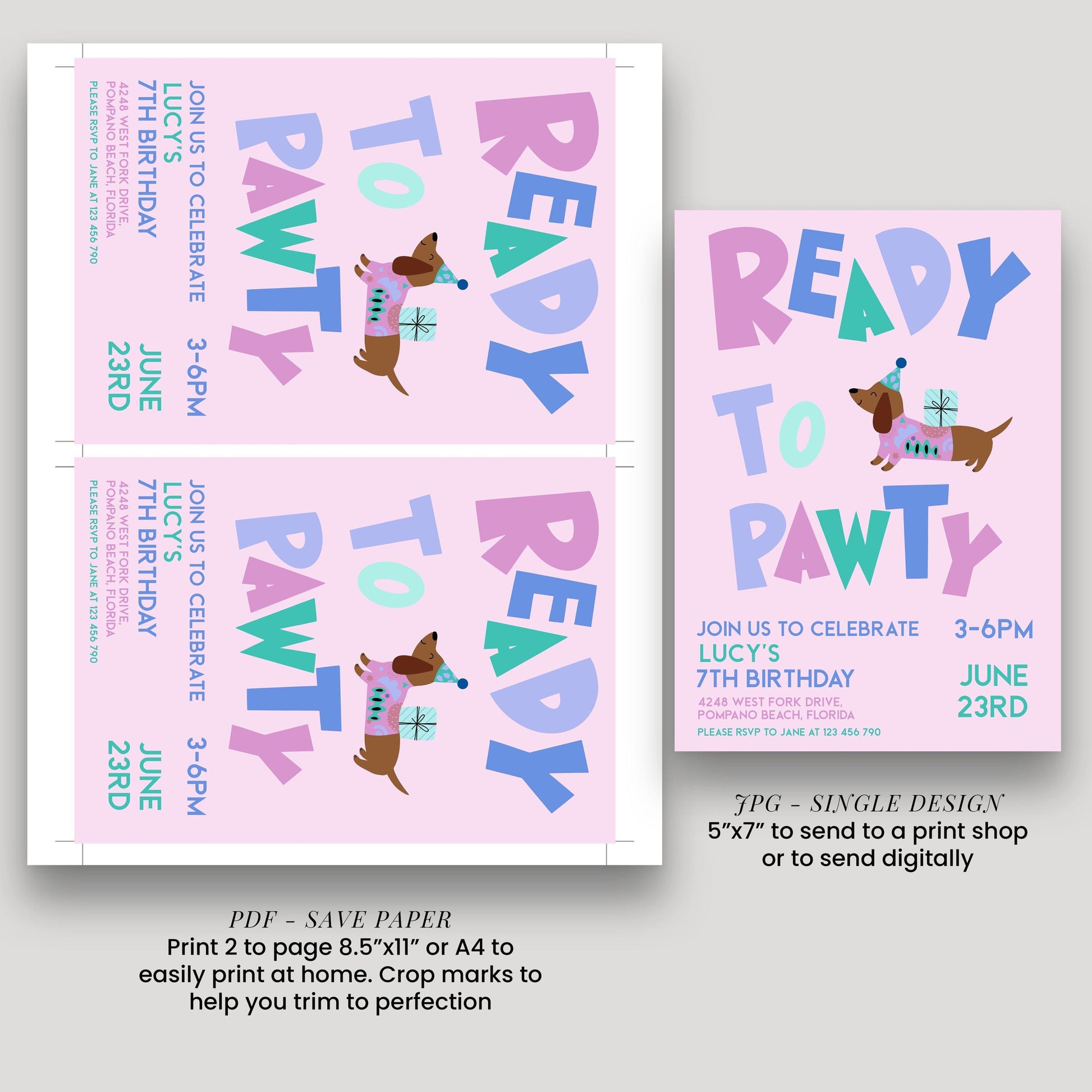The image is a collage of two identical images, each featuring a pink background with a dog wearing a party hat and the text "READY TO PAWTY" prominently displayed. The images are printed on a white background and are intended to be used for a party invitation.