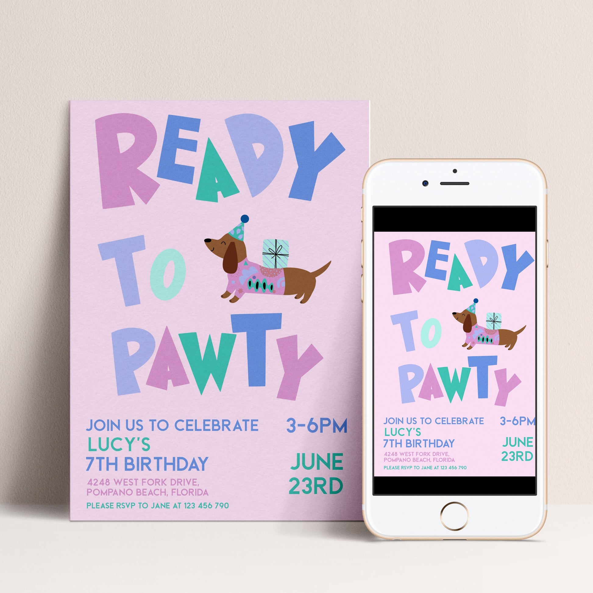 The image is a birthday party invitation for a dog, specifically for Lucy's 7th birthday. The invitation features a pink background with the text "READY TO PAWTY" and an illustration of a dog wearing a party hat. The invitation also includes details about the party, such as the date, time, location, and a request to RSVP to Jane at 123 456 70.