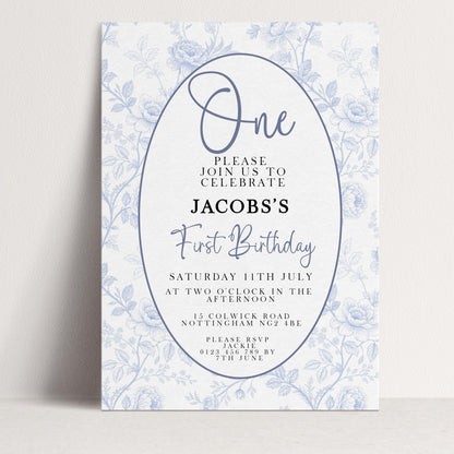 The image is a birthday invitation for Jacob's first birthday.