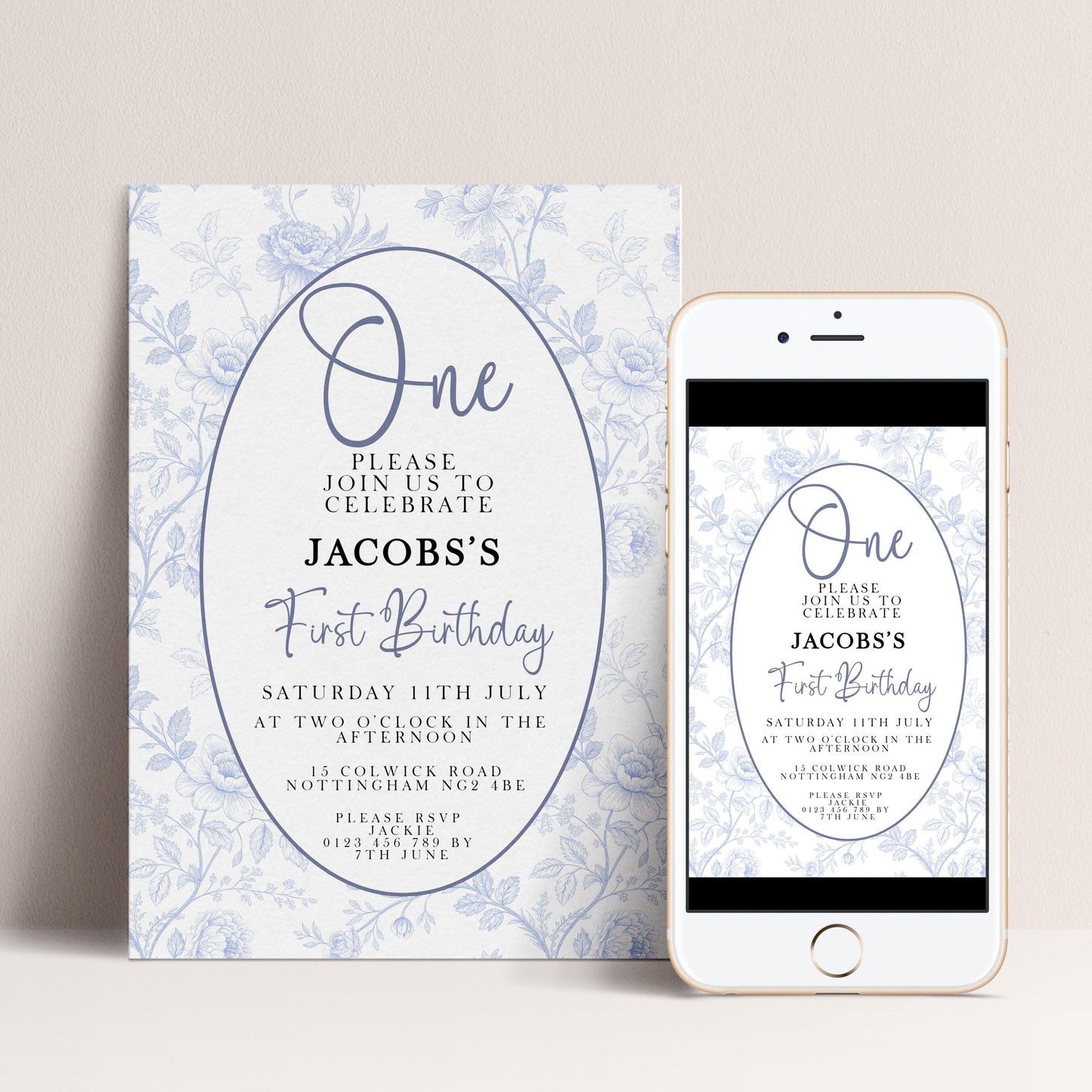 a birthday invitation for Jacob's first birthday, with a floral pattern and a white background. The invitation is for Saturday, 11th July at two o'clock in the afternoon, at 15 Clock Road in the city of Nottingham N2 4BE. The invitation also includes a mobile phone image of the invitation, which is a digital version of the printed invitation.