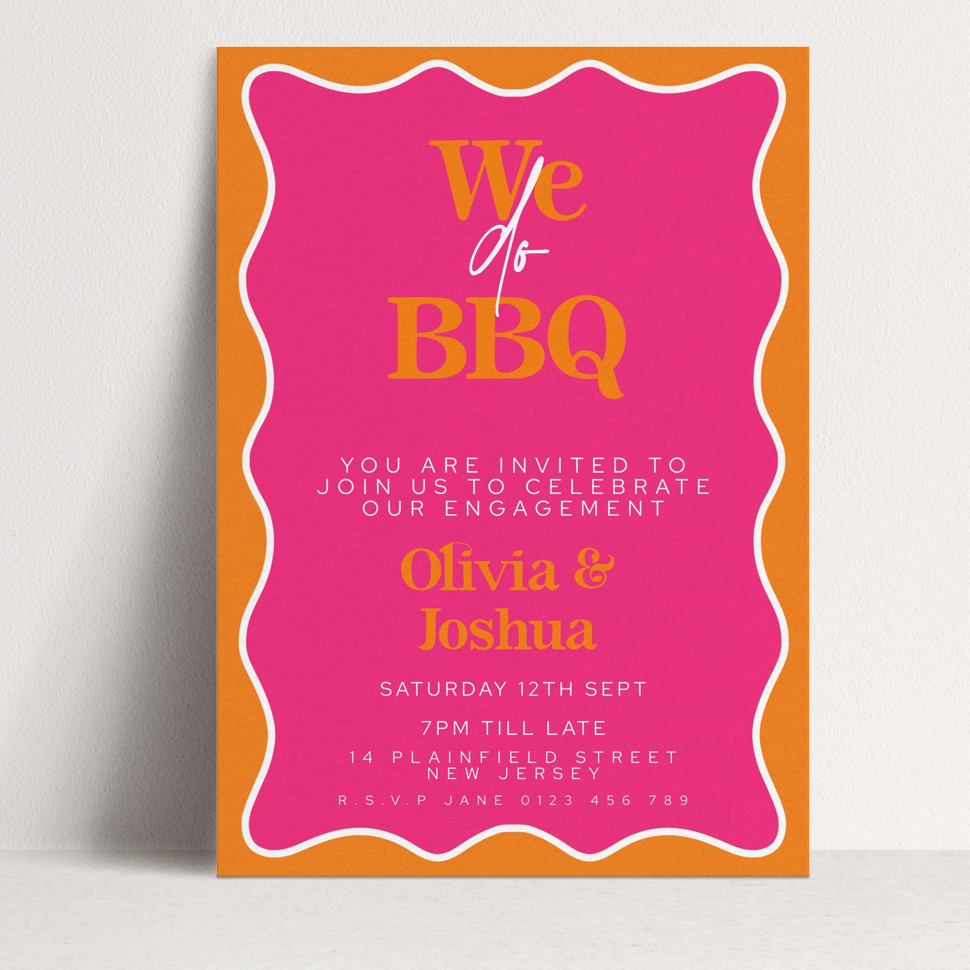 The image is a pink and orange invitation card for a BBQ event.