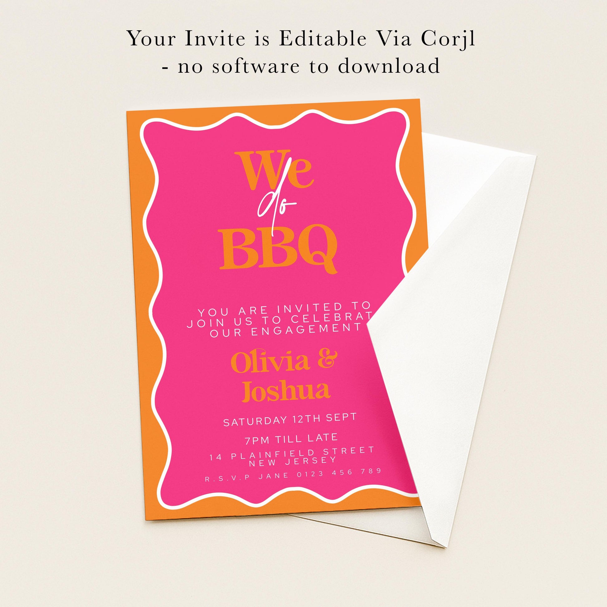 The image is a pink and orange invitation card for an event called "We do BBQ". It invites guests to join the celebration of an engagement and mentions that the event will take place on Saturday, September 12th at 7PM. The card is addressed to "Olivia & Joshua" and is set against a white background.