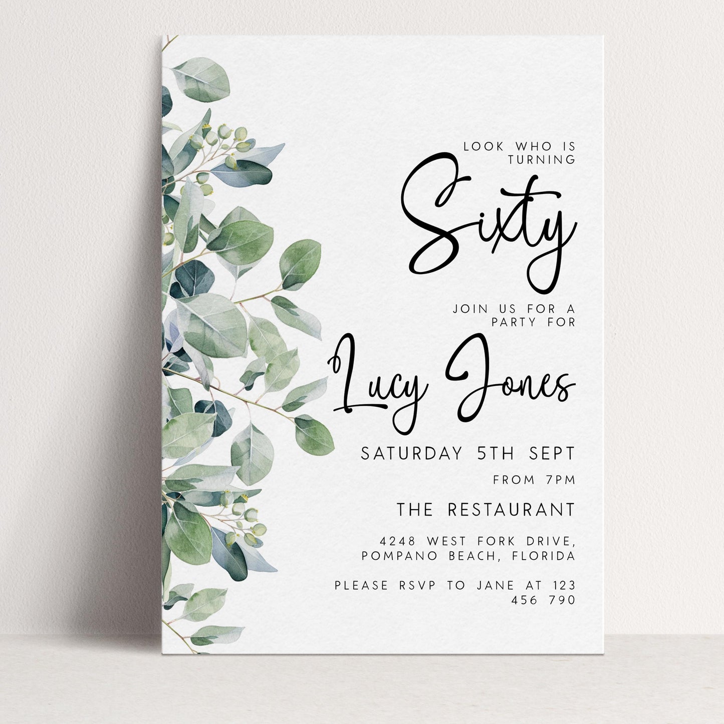 The image is a birthday party invitation for a 60th birthday celebration. It features a white background with a green leaf design and text that includes details about the party, such as the date, time, location, and RSVP instructions.