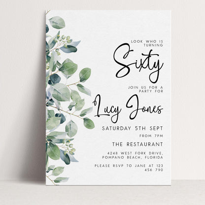 The image is a birthday party invitation for a 60th birthday celebration. It features a white background with a green leaf design and text that includes details about the party, such as the date, time, location, and RSVP instructions.