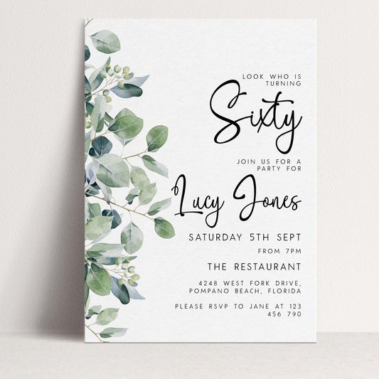 The image is a birthday party invitation for a 60th birthday celebration. It features a white background with a green leaf design and text that includes details about the party, such as the date, time, location, and RSVP instructions.