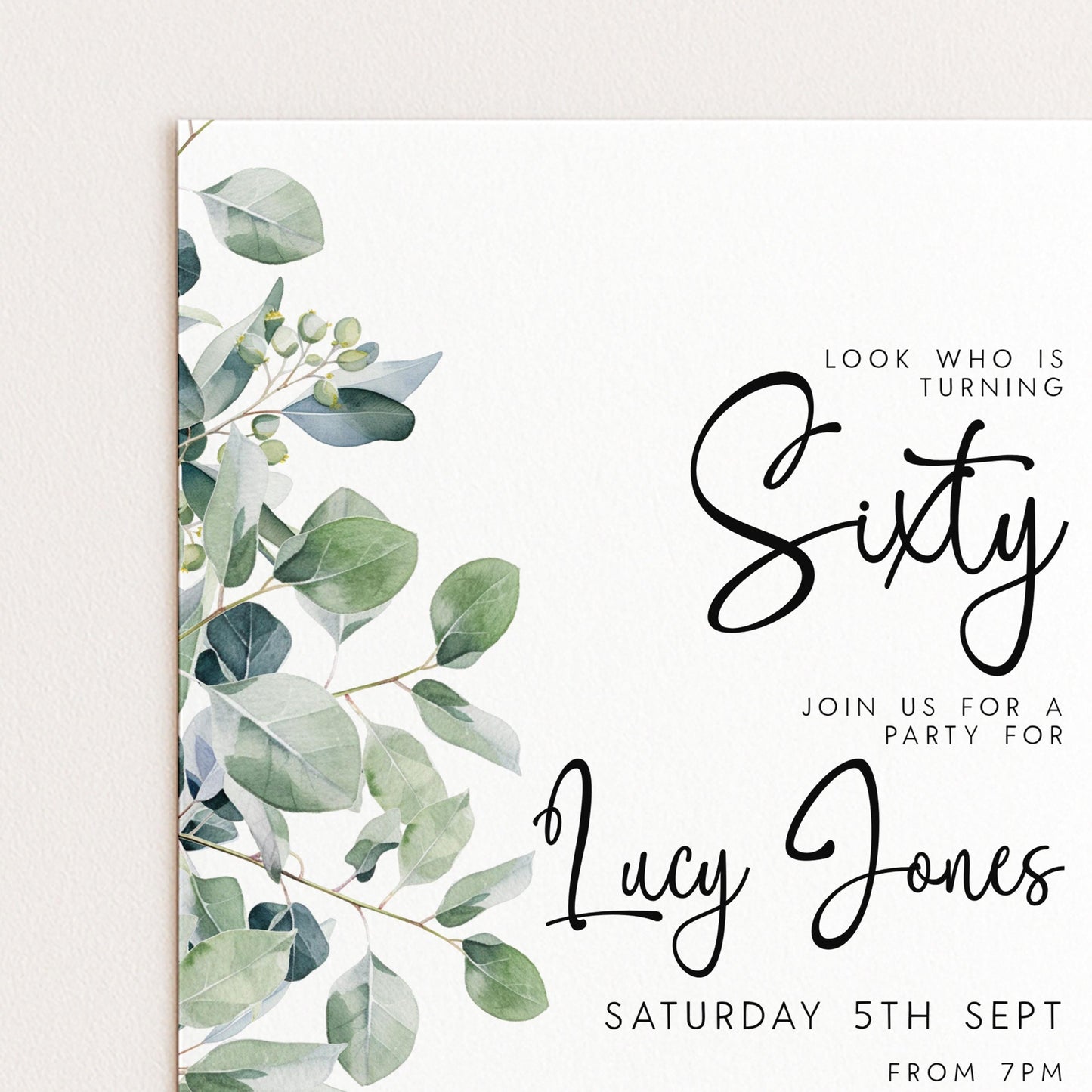 The image is a birthday party invitation for a 60th birthday celebration. It features a white background with a green leaf design and text inviting guests to join for a party on Saturday, September 5th, from 7pm.