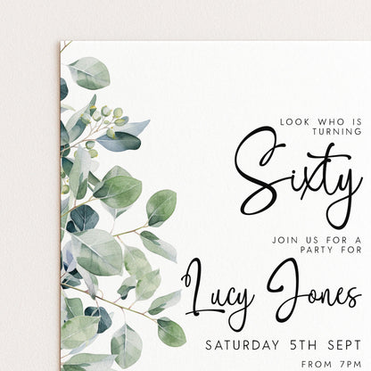 The image is a birthday party invitation for a 60th birthday celebration. It features a white background with a green leaf design and text inviting guests to join for a party on Saturday, September 5th, from 7pm.