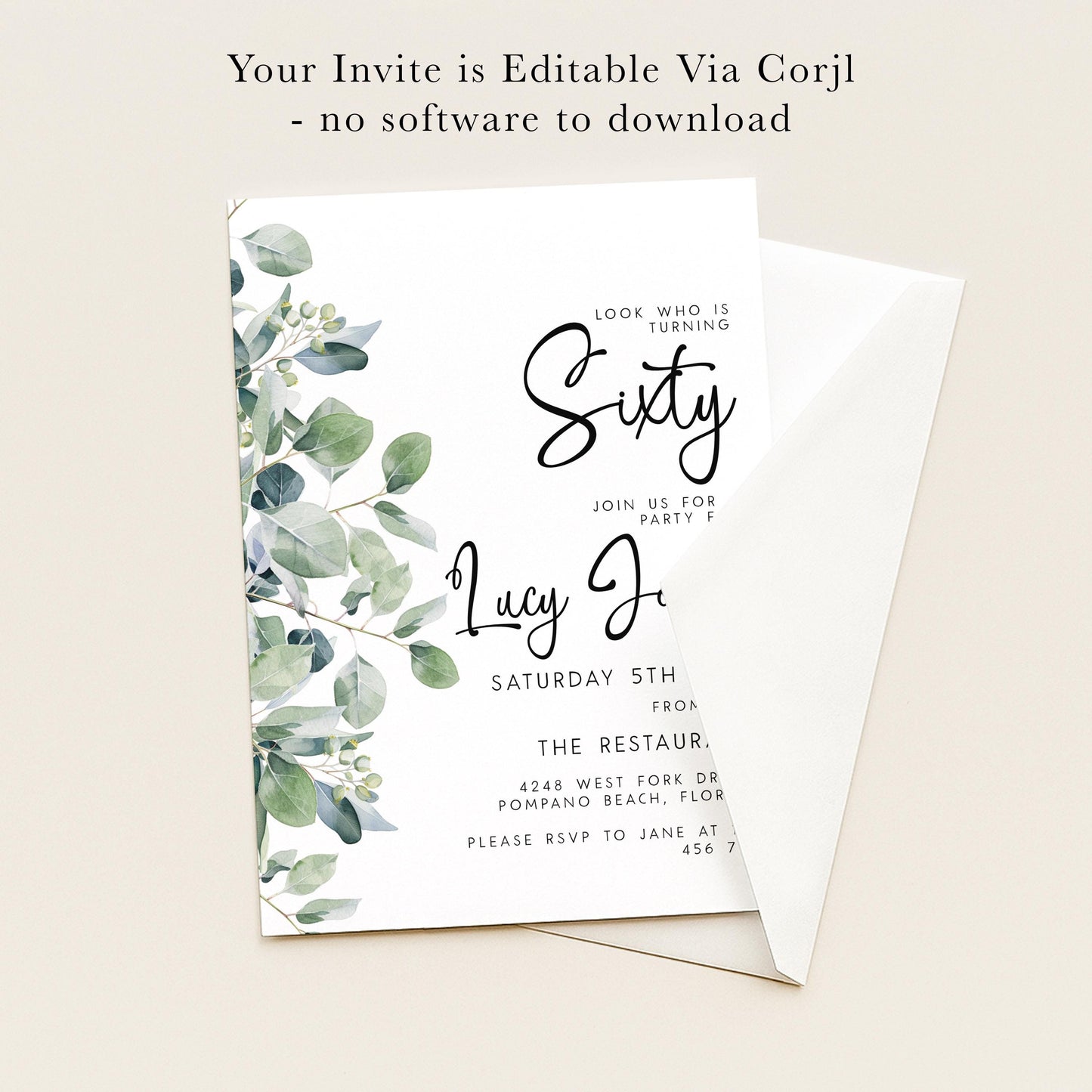 The image is a birthday party invitation for a woman turning 60. The invitation is edited via a computer and does not require any software to download. It features a green leaf design and includes details about the party, such as the date, time, location, and RSVP instructions.