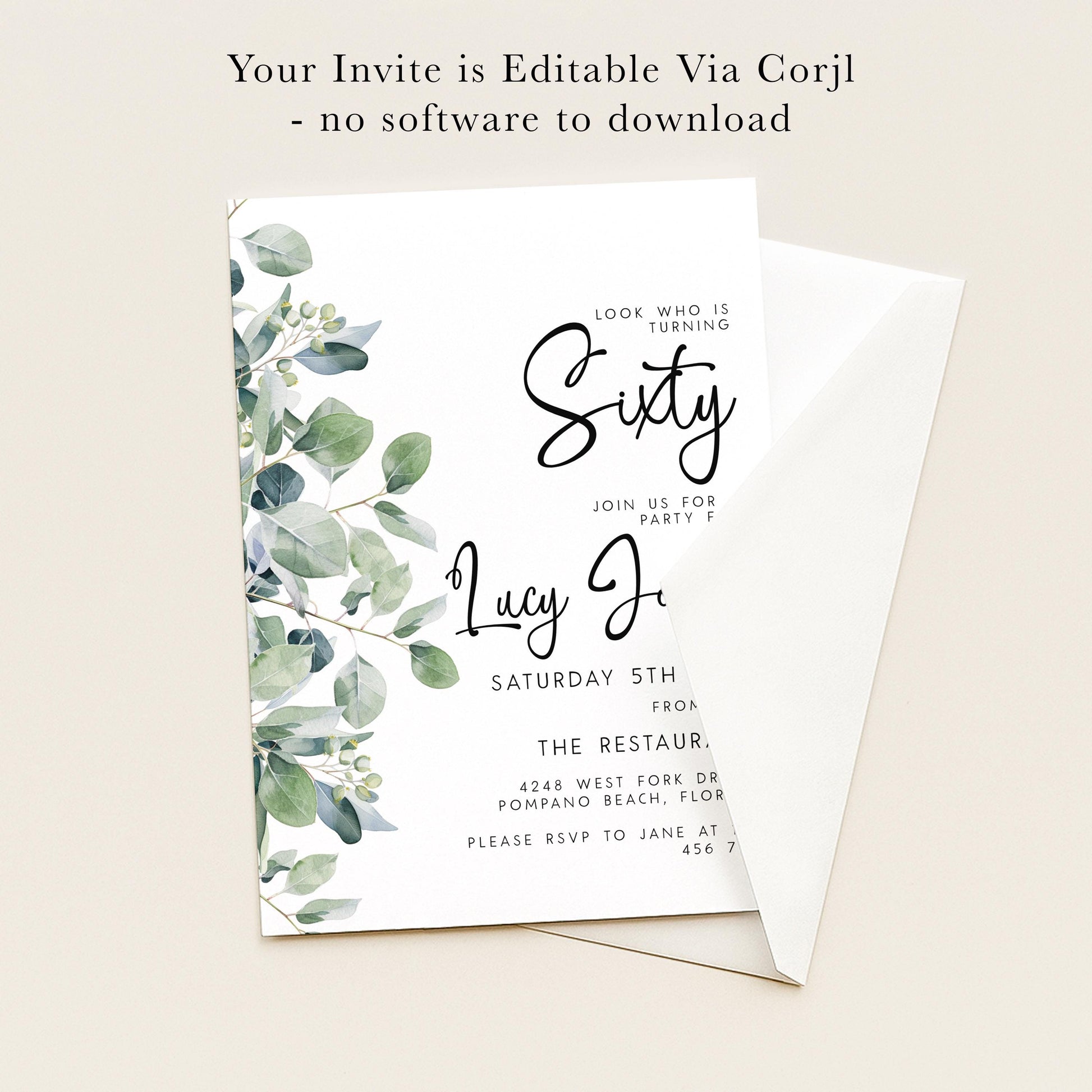 The image is a birthday party invitation for a woman turning 60. The invitation is edited via a computer and does not require any software to download. It features a green leaf design and includes details about the party, such as the date, time, location, and RSVP instructions.