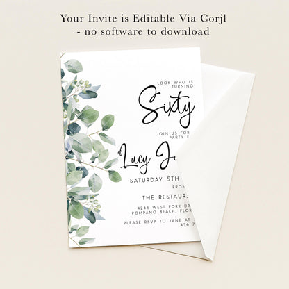 The image is a birthday party invitation for a woman turning 60. The invitation is edited via a computer and does not require any software to download. It features a green leaf design and includes details about the party, such as the date, time, location, and RSVP instructions.
