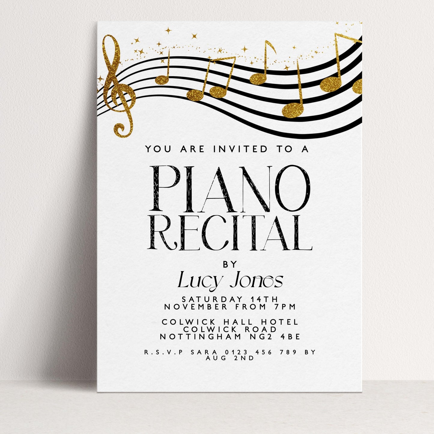 The image is a formal invitation to a piano recital by Lucy Jones, scheduled for Saturday, 14th November from 7 PM at the Colwick Hall Hotel, located at Colwick Road, Nottingham M2. The event is being held at the R.S.V.P Saran hotel, and the address is provided.