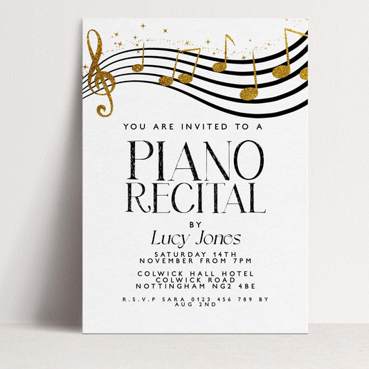 The image is a formal invitation to a piano recital by Lucy Jones, scheduled for Saturday, 14th November from 7 PM at the Colwick Hall Hotel, located at Colwick Road, Nottingham M2. The event is being held at the R.S.V.P Saran hotel, and the address is provided.