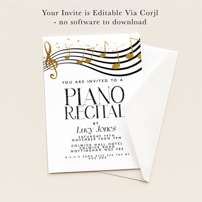 The image is a printed invitation card for a piano recital event.