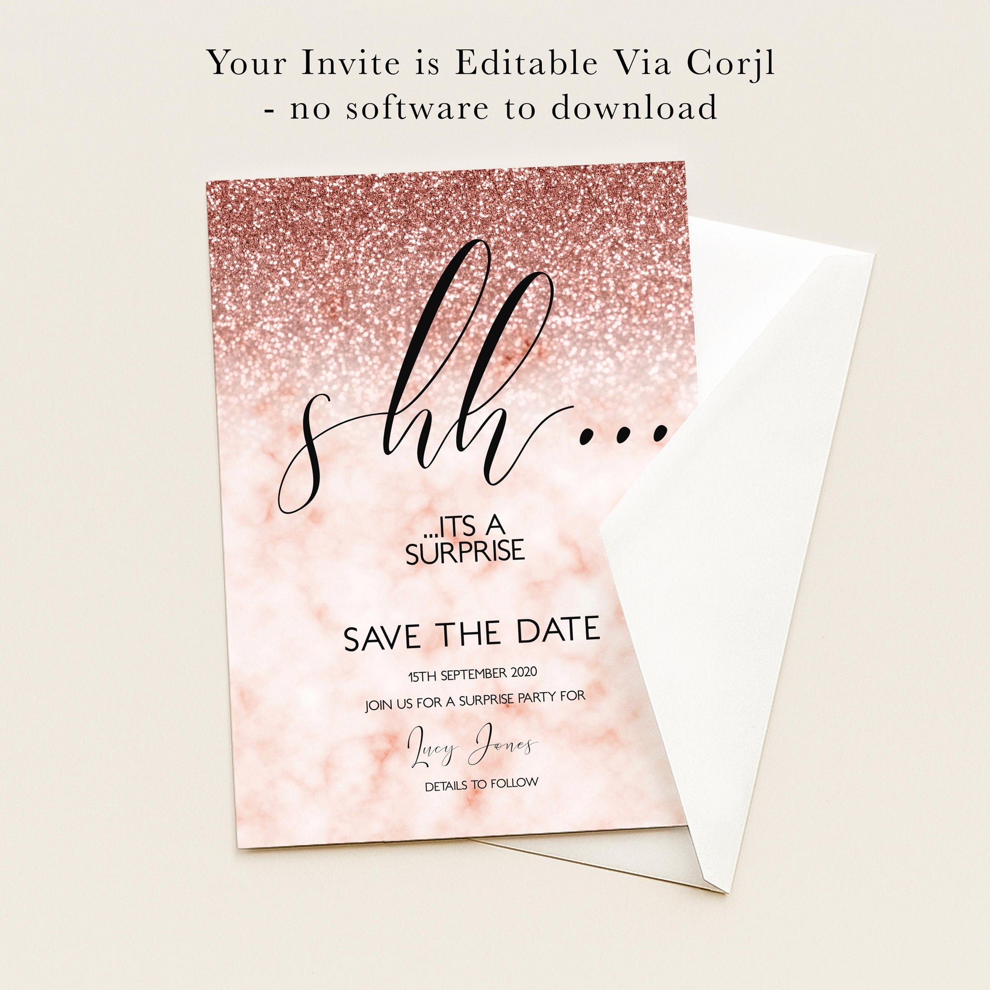 The image is a pink and white invitation card with a glittery background and the text "It's a surprise" and "Save the date" printed on it.