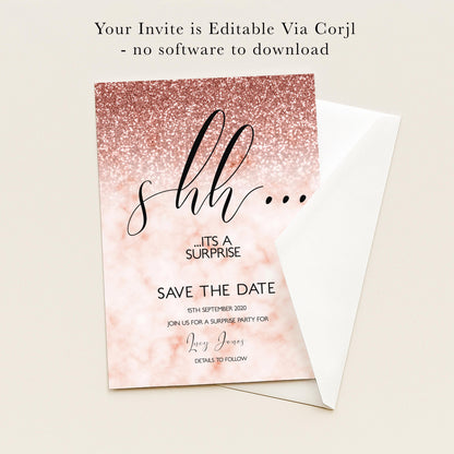 The image is a pink and white invitation card with a glittery background and the text "It's a surprise" and "Save the date" printed on it.